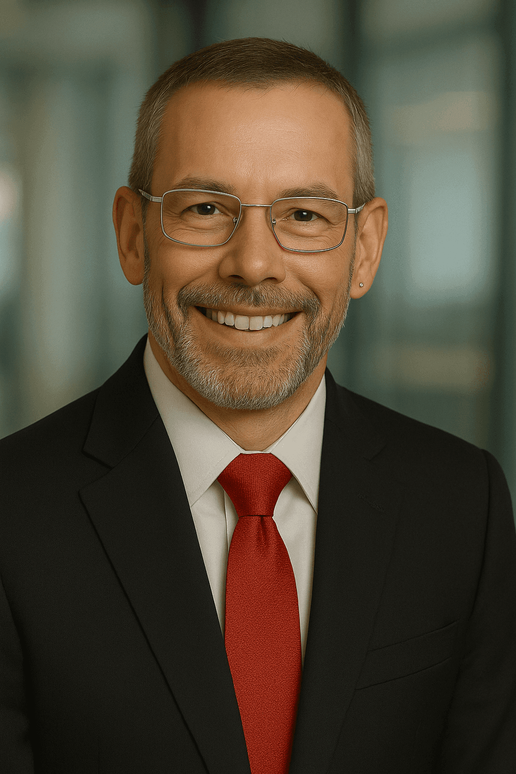 Smiling man with glasses and a red tie wearing a suit, against a blurred background.